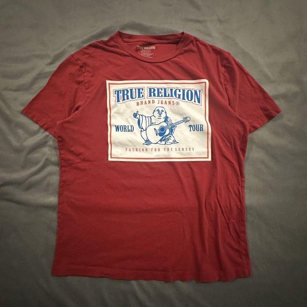 True Religion Buddha World Tour T-Shirt Mens L Red Graphic Print Guitar